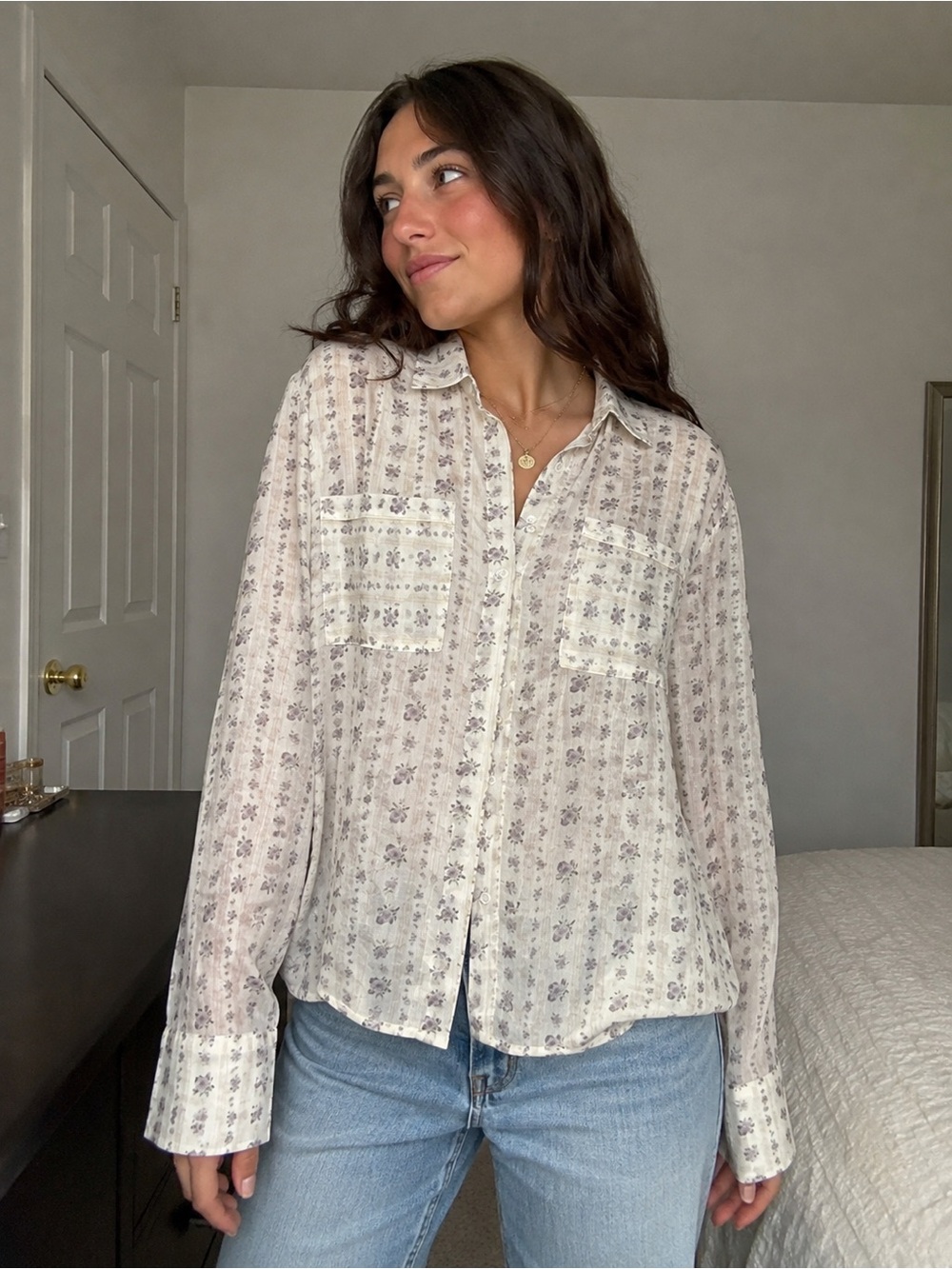 Forever 21 Cream Floral Sheer Button-Down Blouse Cottagecore Boho
